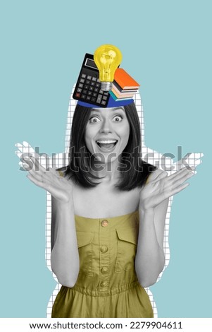 Photo vertical banner template collage of young smart student woman dilemma surprised new idea how skip courses isolated on blue color background