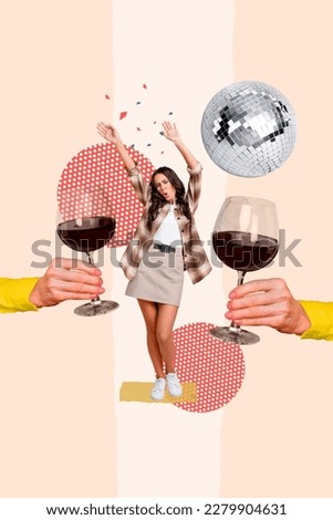 Artwork magazine collage picture of carefree happy smiling lady cheers wine glasses isolated drawing background