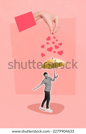 Creative magazine template collage of little young guy hold umbrella safe from rain love heart falling down