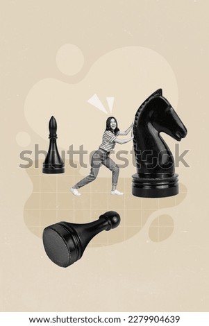 Poster banner collage of small young lady chess player have checkmate with horse piece defeat political opponent Royalty-Free Stock Photo #2279904639