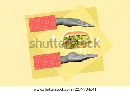 Creative magazine template collage of people hands demonstrate meat yummy cheeseburger kfc commercial sale concept Royalty-Free Stock Photo #2279904641