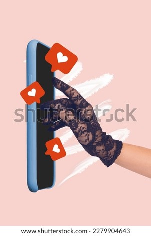 Photo collage artwork minimal picture of lacy glove arm chatting instagram twitter telegram facebook isolated drawing background