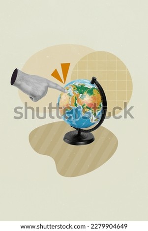 Big arm human hand directing index finger on african country globe wanderlust traveler addiction conceptual collage picture poster