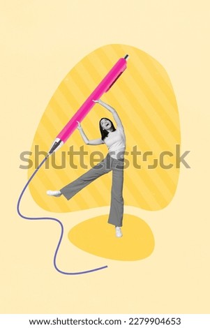 Creative banner poster collage of funky woman holding big pen drawing ink line making job study project