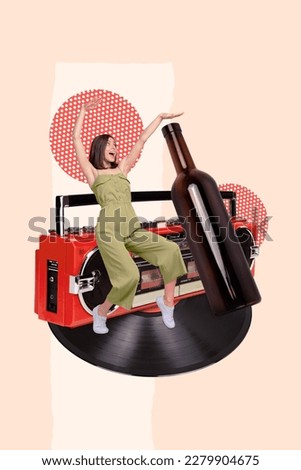 Creative abstract template graphics collage image of funky carefree lady listening boom box drinking wine isolated drawing background