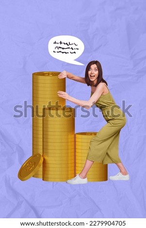 Photo collage artwork minimal picture of excited funny lady winning money isolated drawing background