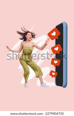 Artwork magazine collage picture of funny lady getting likes apple samsung device isolated drawing background