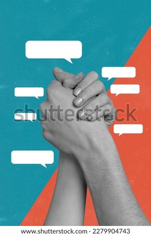 Artwork magazine collage picture of arms together speaking clouds empty space isolated drawing background