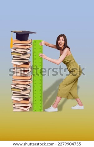 Collage artwork graphics picture of excited lady measuring learning path till graduation isolated painting background