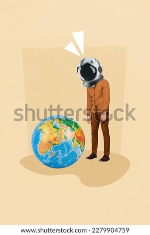 Creative banner collage of young astronaut looking on round navigation earth planet on painting background