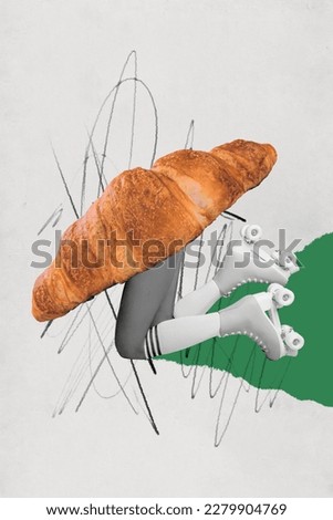 Creative 3d photo artwork graphics collage painting of fresh croissant walking lady legs wear rollers isolated drawing background