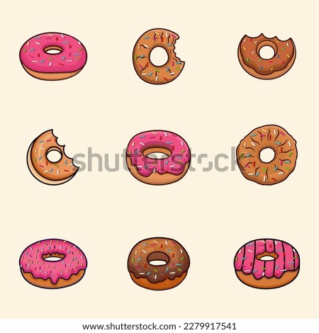 Donuts Premium Illustration Vector Drawn Design Set. Yummy delicious Cartoon Cafe Pink Happy Birthday Donuts Hi-Quality Minimal Holiday Food Vector Element.