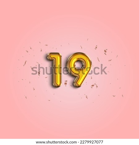 19th year Anniversary celebration design template. Number 19 flying foil balloon and confetti. Template for    Birthday, celebration or wedding event.