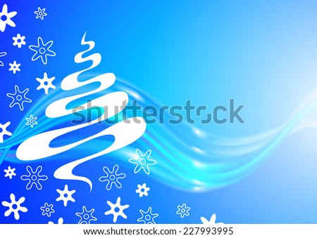 Blue Christmas card with tree and snowflakes sketch