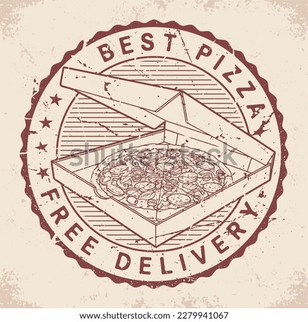 Pizza delivery vintage sticker monochrome with hot pizza inside cardboard box for restaurant with its own courier service vector illustration