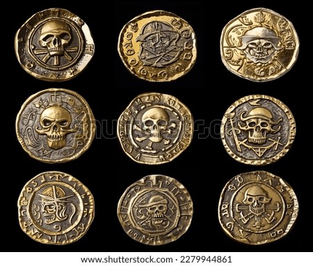 Pack of 9 pirates gold coins medals treasure isolated on black background Royalty-Free Stock Photo #2279944861