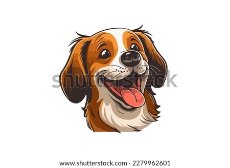 Happy dog face isolated on white background. Smiling puppy sticker. Purebred little dog cartoon character. Funny mascot template. Hand drawing brown pet. Doggy tongue emotional portrait