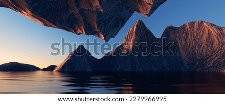 3d render, fantasy landscape panorama with mountains reflecting in the water. Abstract background. Spiritual zen wallpaper with skyline Royalty-Free Stock Photo #2279966995