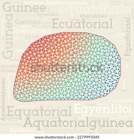 EQUATORIAL GUINEA map design. Country names in different languages and map shape with geometric low poly triangles. Astonishing vector illustration of Equatorial Guinea.
