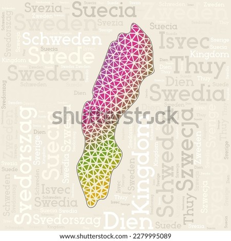 SWEDEN map design. Country names in different languages and map shape with geometric low poly triangles. Astonishing vector illustration of Sweden.