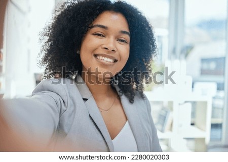Happy business woman, portrait or selfie in about us, company profile picture or social media introduction. Smile, face or self photography of worker in corporate financial office or friendly picture