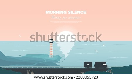 Vector illustration. Seascape. Traveling in a van. A lighthouse on the edge of the mainland. Atmospheric background.