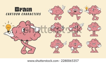 Brain cartoon characters in trendy retro style, vector illustration