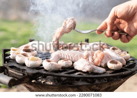 Meatballs, mushrooms, chicken and vegetables being cooked on grill. Selected focus. Seasonal photo. Camping, chilling  in garden, vacation time.