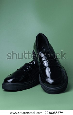 Brand new shiny black loafers on a moss green background.
