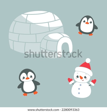 Cute christmas set with ice floes and igloo house, penguin, snowman, family. Winter set to demonstrate the nature of the Arctic. Cheerful children's print for textiles, clothes. Arctic vector