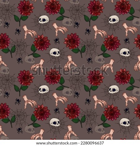 
Cute and funny, gothic, scary Halloween pattern. Seamless background with the image of a skull, moon, cobweb, spider, dark rose, red rose, hand.