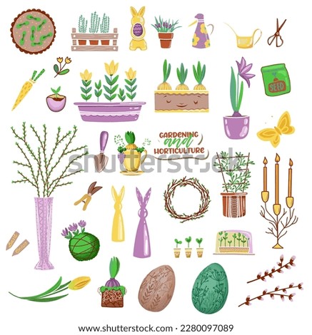 Separate elements of farming and horticulture.Gardener items and tools.Gardening.Easter clipart