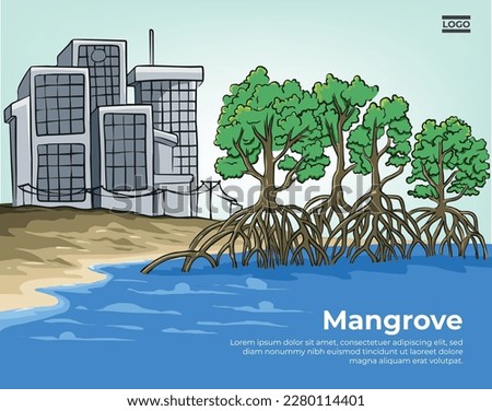 Mangrove planting banner on the coast. Mangroves protect settlements from sea waves.