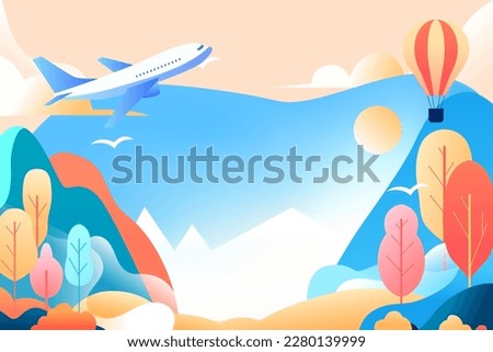May 1st labor day holiday a family drives out to travel, with plants and mountains in the background, vector illustration