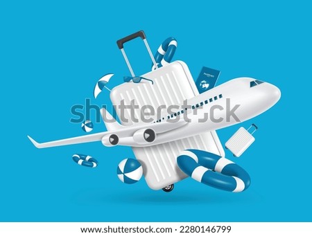 Luggage ,inflatable ball ,lifebuoy, passport book ,umbrella ,goggles They were all floating in air and there is plane take off in front ,vector 3d isolated on blue background for travel summer season Royalty-Free Stock Photo #2280146799