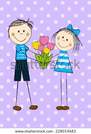 Funny couple with tulips bouquet