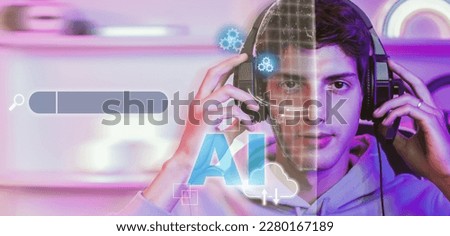Head banner double exposure of artificial intelligence or AI technology icon to generate human photo with handsome, smart man wearing headphone, looking at camera. Digital disruption concept
