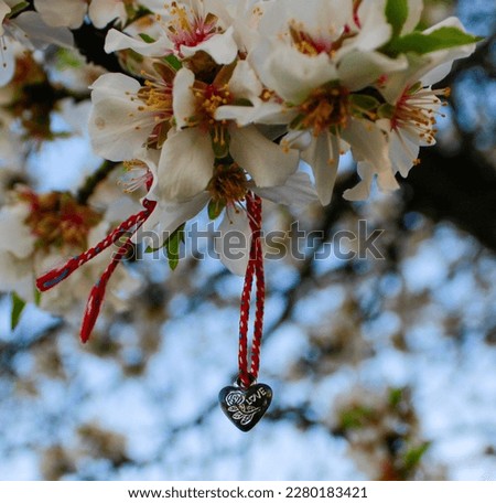 heart necklace hanging on a branch with white spring flowers