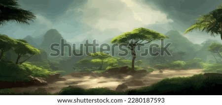 African rainforest. African jungle rainforest panorama with tropical vegetation, exotic fantasy landscape banner vector illustration. african savannah Royalty-Free Stock Photo #2280187593