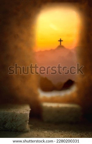 Cross crucified with cave or tunnel It is the tomb where his lifeless body is placed. The concept of the resurrection of Jesus in Christianity. Crucifixion on Calvary or Golgotha hills in holy bible.