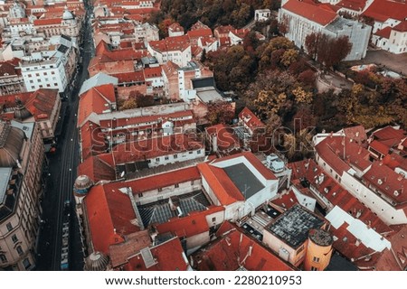 Experience the Beauty of Zagreb, Croatia's Capital City in Autumn with our High-Angle Photography. Our stunning shot captures the city's colorful foliage, historic architecture, and bustling streets .