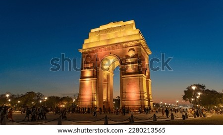 The India Gate is a war memorial located at Kartavya path, New Delhi, India Royalty-Free Stock Photo #2280213565