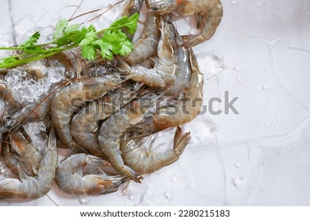 Raw shrimps prawns on ice in white plate, Fresh shrimp seafood , white shrimp top view Royalty-Free Stock Photo #2280215183