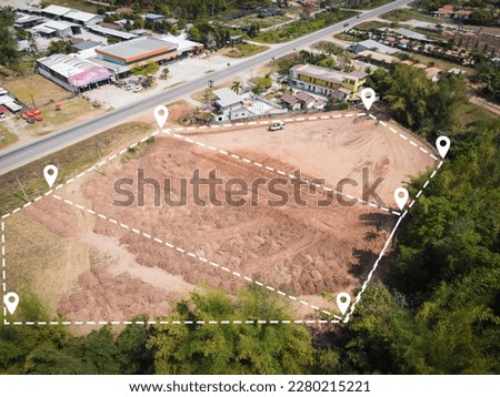 vacant land management land reclamation for land plot for building house aerial view, land pins location for housing subdivision residential development owned sale rent buy or investment home expand Royalty-Free Stock Photo #2280215221