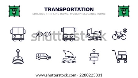 set of transportation thin line icons. transportation outline icons such as car lights, public transportation, fishing boat, bicycle rental, gearshift, gearshift, long car, sailing boat, way, cart