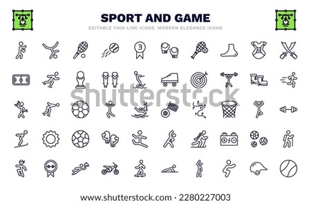 set of sport and game thin line icons. sport and game outline icons such as man punching, squash, tennis game, basketball court, excersice, motor sports, jumping ski, wushu, tennis sport ball