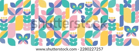 Abstract natural modern background.  Geometric shapes. Flowers, butterflies and leaves. Set of icons in flat minimalist style. Seamless pattern. Vector botanical illustration. 
