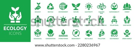 Ecology icon set. Environment, sustainability, nature, recycle, renewable energy; electric bike, eco-friendly, forest, wind power, green symbol. Solid icons vector collection. Royalty-Free Stock Photo #2280236967
