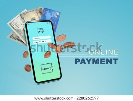 Online payment. Mobile phone with e-wallet sign-in screen, dollar banknotes, coins and credit card on light blue background