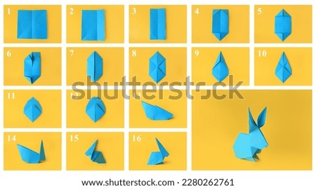 Origami art. Making light blue paper bunny step by step, photo collage on yellow background